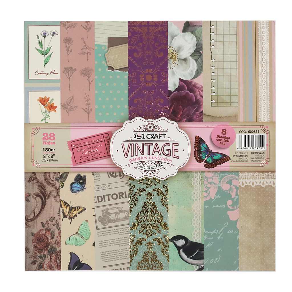 BLOCK CARTULINA IBI CRAFT DOBLE FAZ 20.3X20.3CM. 180GR. 14 DISEÑOS VINTAGE
